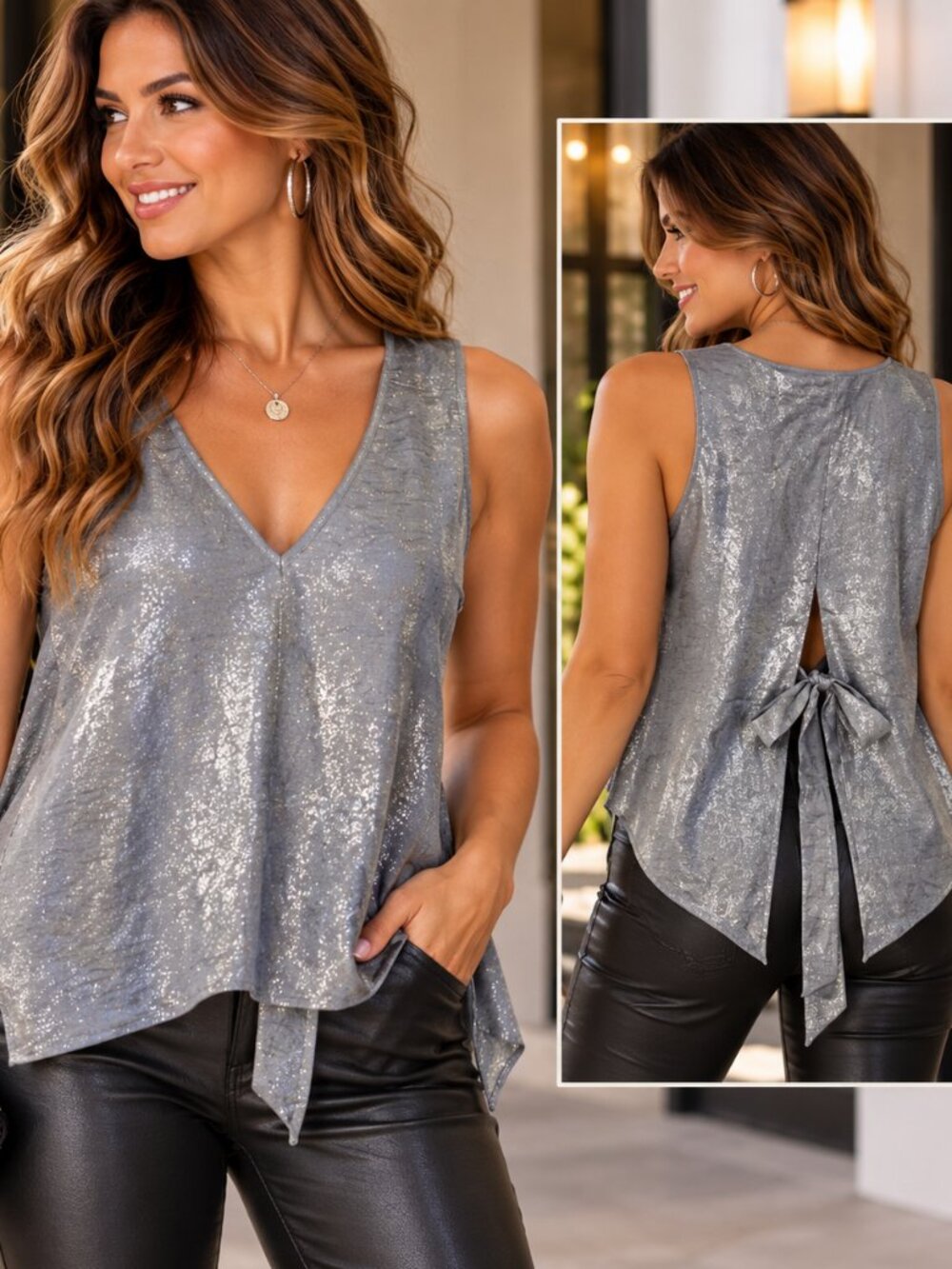 Express Small Silver Metallic Sleeveless Tie Back High Low Blouse Party Top